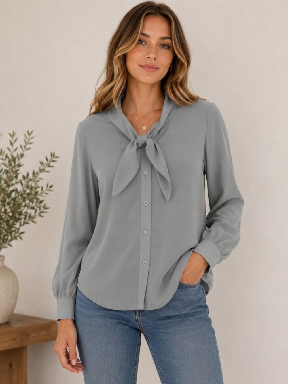 Hershang Light Grey-Blue Tie Neck Blouse – Size Small